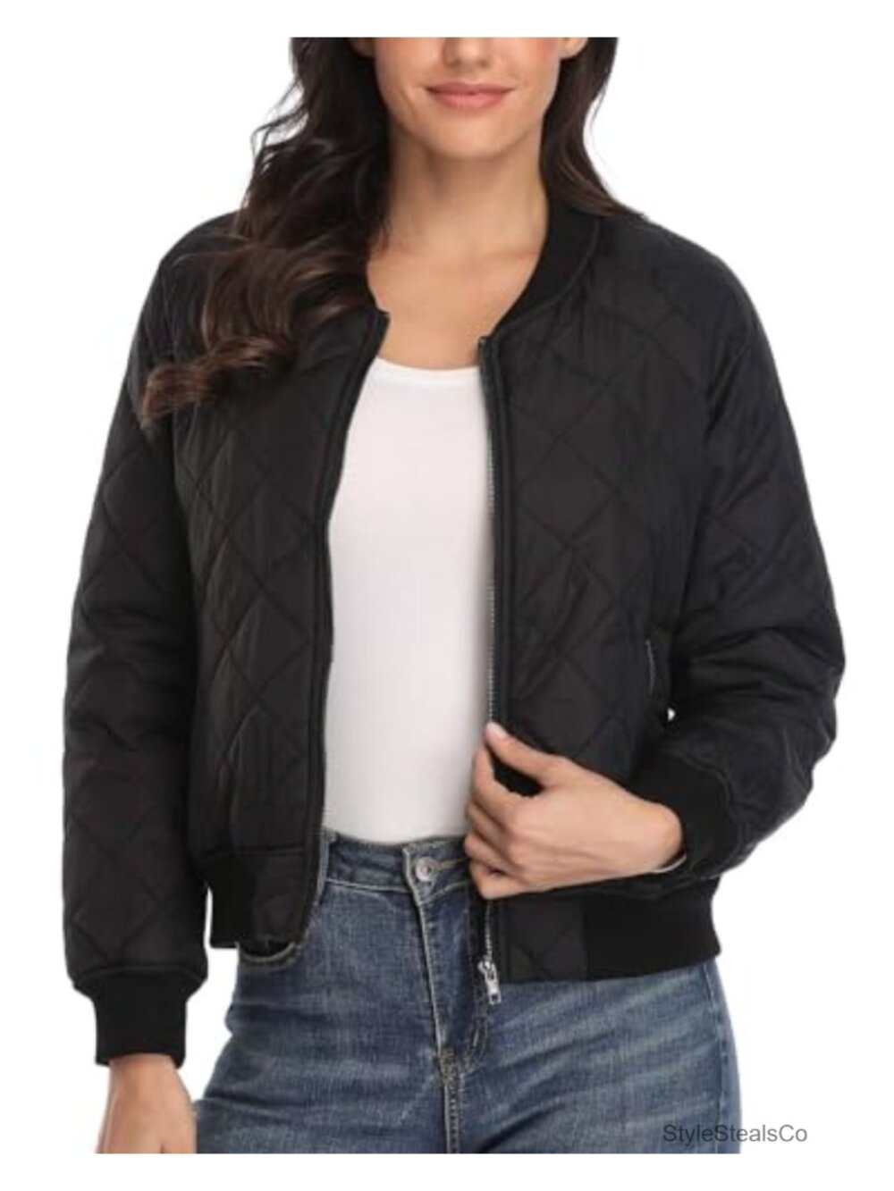 Women's Quilted Bomber Jacket Casual Lightweight Zip Up with Pockets